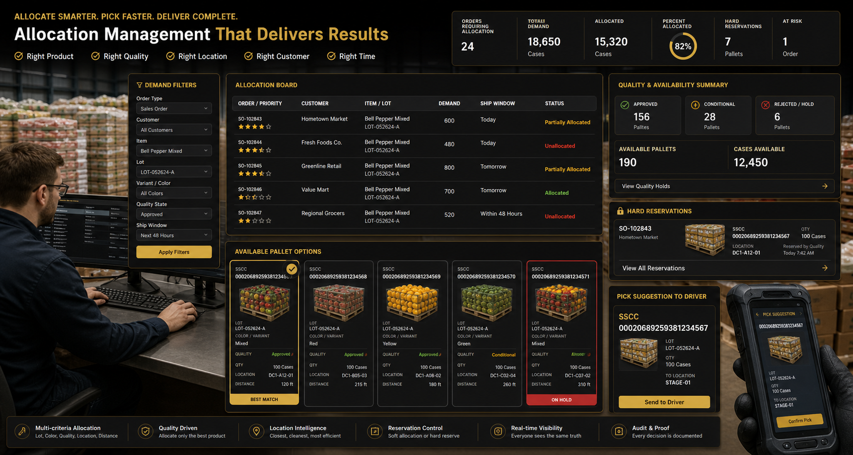 AJAX OES allocation control showing pallet-level inventory choices